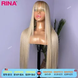 Ash Blonde Color With Bang Straight 13X4 Lace Frontal Human Hair Wig For Women Transparent 5X5 Lace Closure Wig Blonde Color Wig