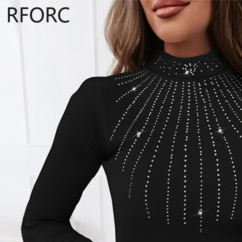 2023 Women Rhinestone Decoration Long Sleeves Turtleneck Casual Basic Black Blouse Top