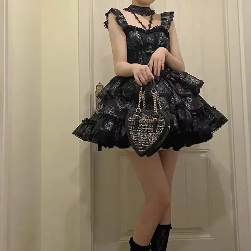 

Sweet Lolita Sleevelss Princess Dress Women Sweet Bow Ruffles Evening Party Mini Dress Japanese Harajuku Retro Y2k Vestidos