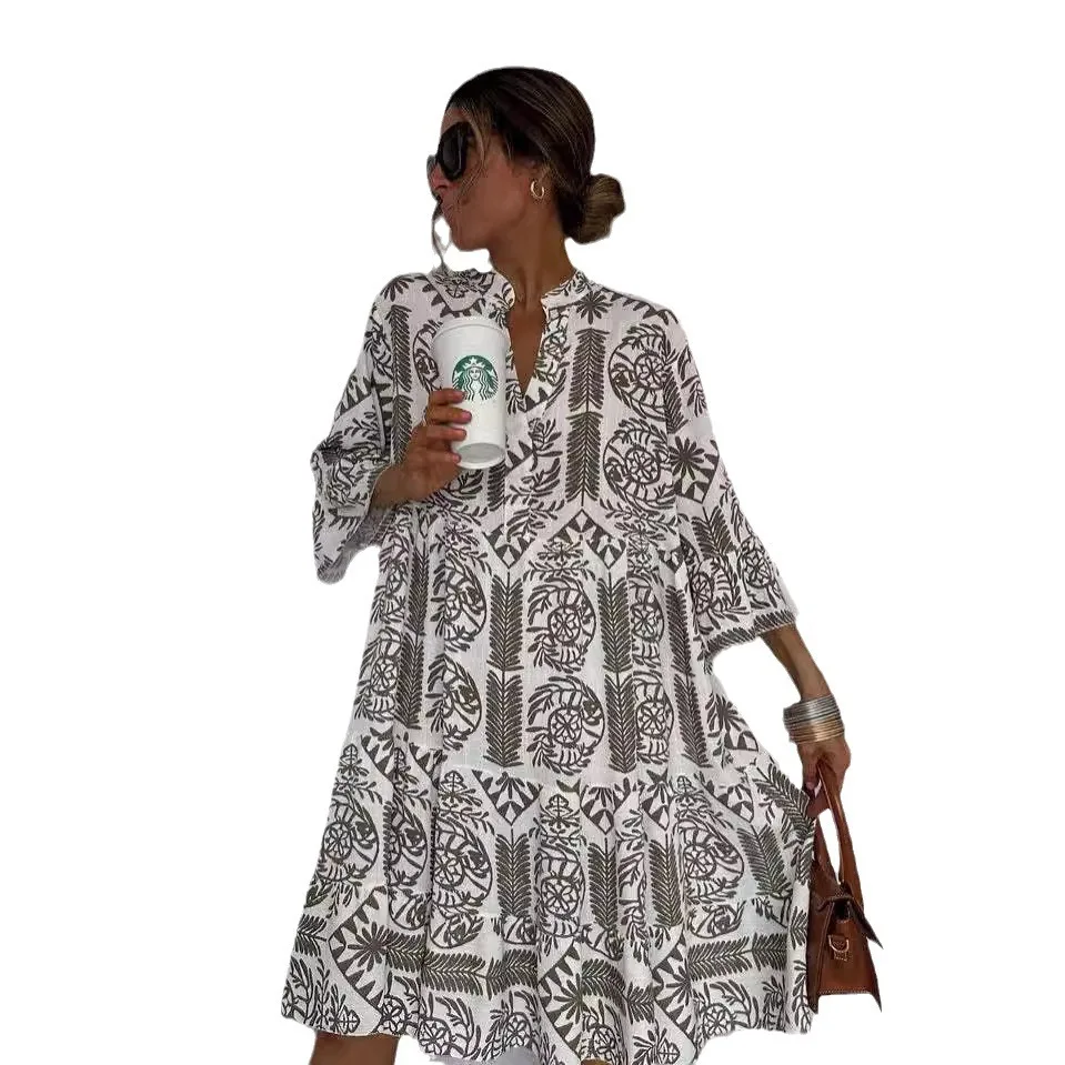 Jupe chemise imprimée décontractée à manches sept quarts pour femmes, mode d'été, col en v, ample et grande robe de tempérament Swing
