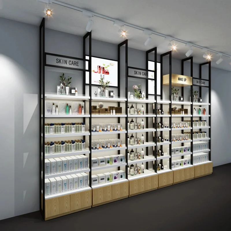 custom.Wooden Skin Care Display Shelf Beauty Supplies Store Cosmetic Shops Name Display Cabinet Business Metal Painting Customiz view 4