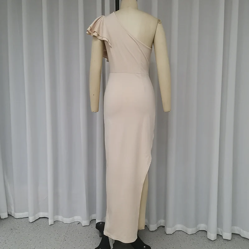 Ellfads maxi kleid frauen sommer elegant solide eine schulter unregelmäßig aushöhlen gekräuselt taille plissiert schlitz lange kleider