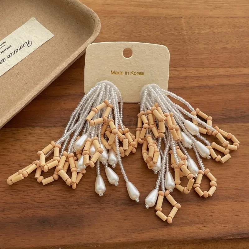 Hyperbole Wood Miyuki Beads Strand Simulated Pearl Long Tassel Drop Earrings for Women Copper Alloy Casual Party Jewelry