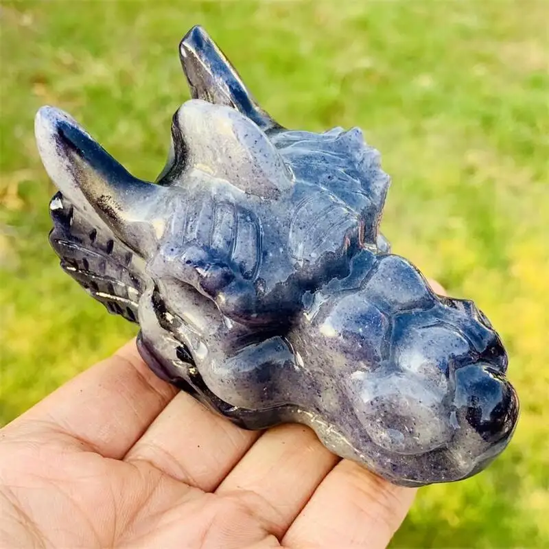 10CM Natural Blue Aventurine Dragon Skull Carving Head Animal Statue Faucet For Room Decoration Holiday Gifts 1pcs