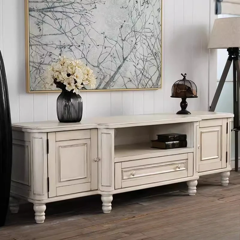 Y Country Solid Wood TV Cabinet Vintage Ivory White Audiovisual Cabinet Antique Distressed Style
