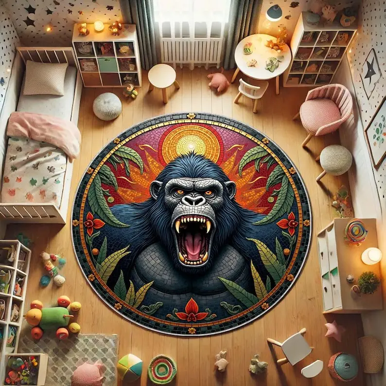 Wild Gorilla Round Rug, Jungle Animal Circle Carpet for Boys Room,Fierce Primate Safari Decor,Non-Slip King Kong Theme Floor Mat