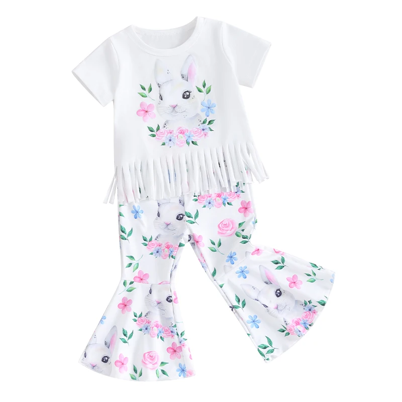 My First Easter Baby Girl outfit camicia a maniche corte top e Bunny stampa floreale pantaloni a zampa di elefante Set fascia per capelli