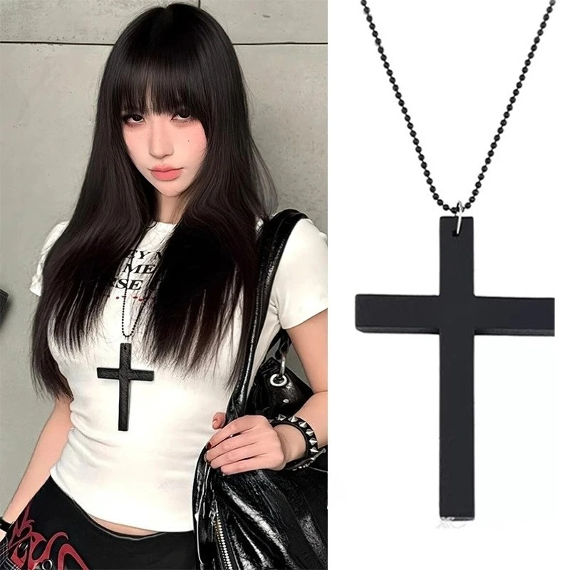 

Vintage Hip Hop Y2k Necklace for Women Men Cool Punk Gothic Wood Cross Chain Choker Pendant Necklace Black White Necklaces Gifts