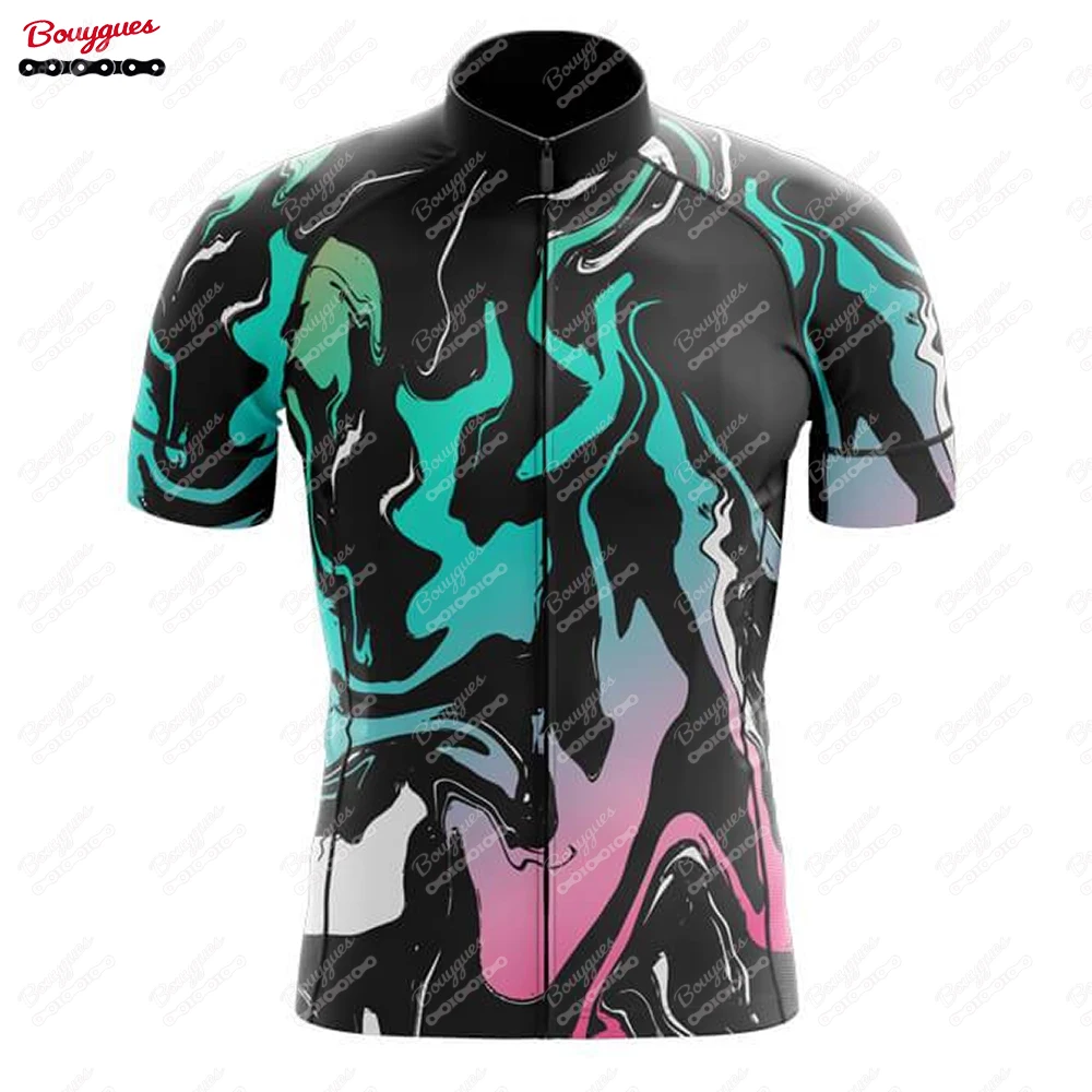 Liquid Marble Cycling Jersey for Men Short Sleeve Reflective MTB Maillot Downhill Pro Team Mountain Bicycle Clothing Summer