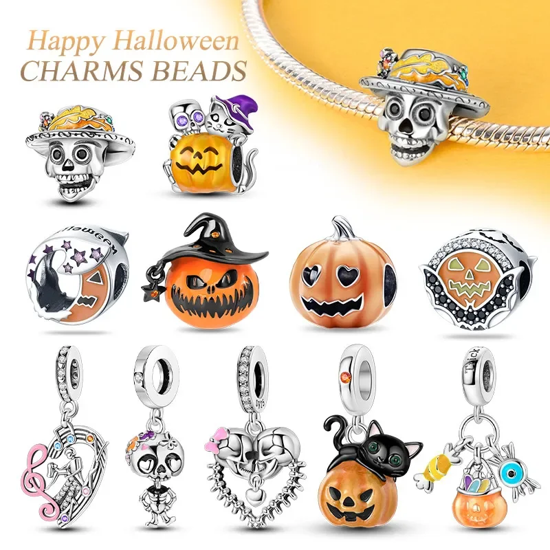 S925 Sterling Silver Halloween Charms Pumpkin Human Skeleton Beads Fit Original Pandora Bracelet Pendant for Women DIY Gifts