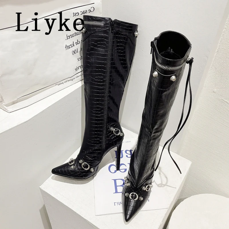 Liyke 2024 New Sexy Pointed Toe Knee High Boots Women Pole Dance Stiletto Heels Pumps Fashion Tassel Zip Rivet Winter Long Shoes