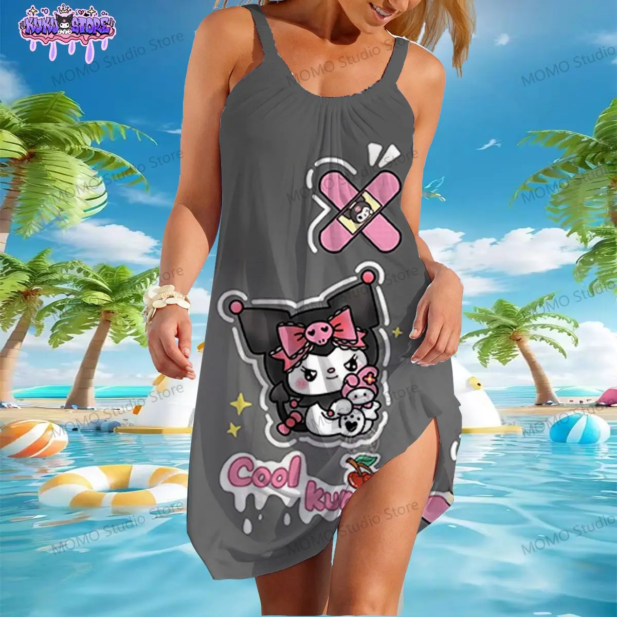 

Women's Beach Dresses Kuromi Kawaii S-3XL Y2k Summer Sanrio 2024 Sling Youthful Woman Clothes New Dress Boho One-piece Fashion