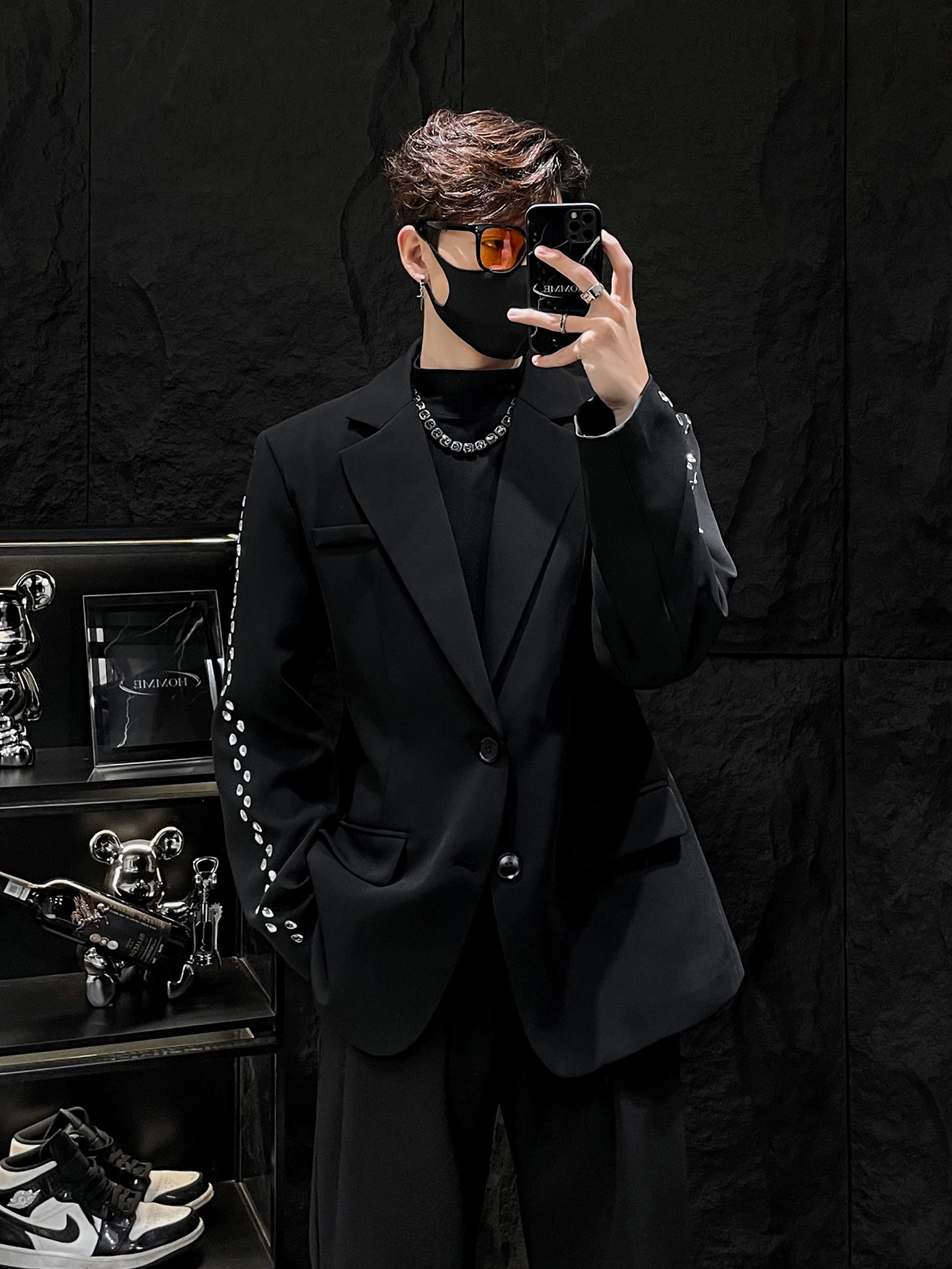 

Bla Casual Tailored Jaet for Men Loose Fit High End Feeling Diamond Embellied Suit Coat Youth ular round Hemline