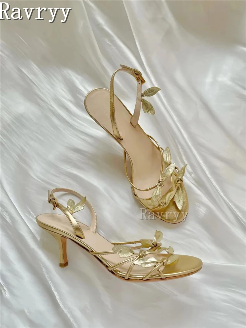 Gold Petal Leaf Genuine Leather Sandals Open Toe High Heel Back Strap Women Shoes Luxury Party Stiletto Sandal