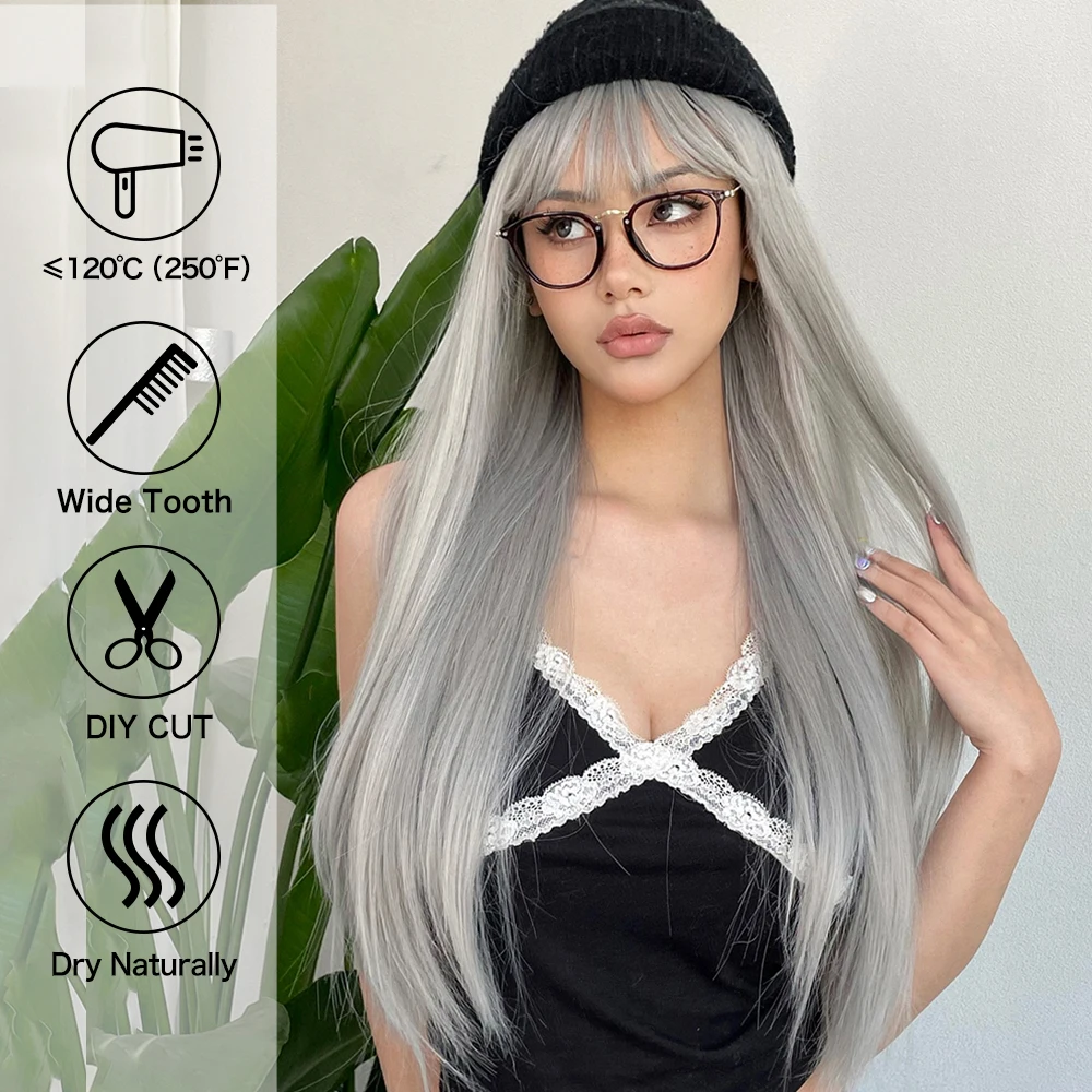 Silver Ash Gray Long Straight Synthetic Wigs Lolita Cosplay Natural Hair with Bangs for White Women Party Daily Heat Resistant