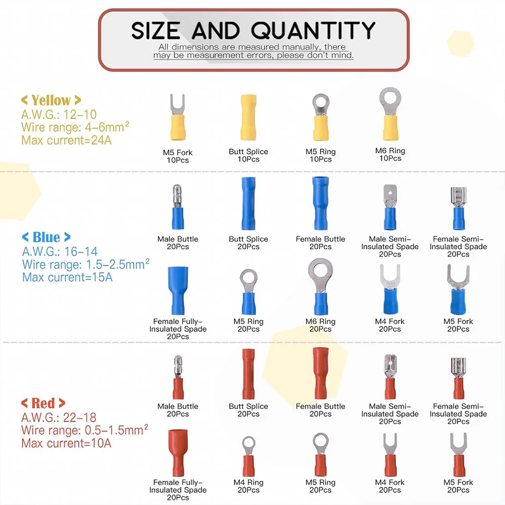 440Pcs 22-16/16-14/12-10 Gauge Electrical Insulated Ring Bullet Butt Spade Fork Splice Crimp Wire Terminals Connectors Assorted