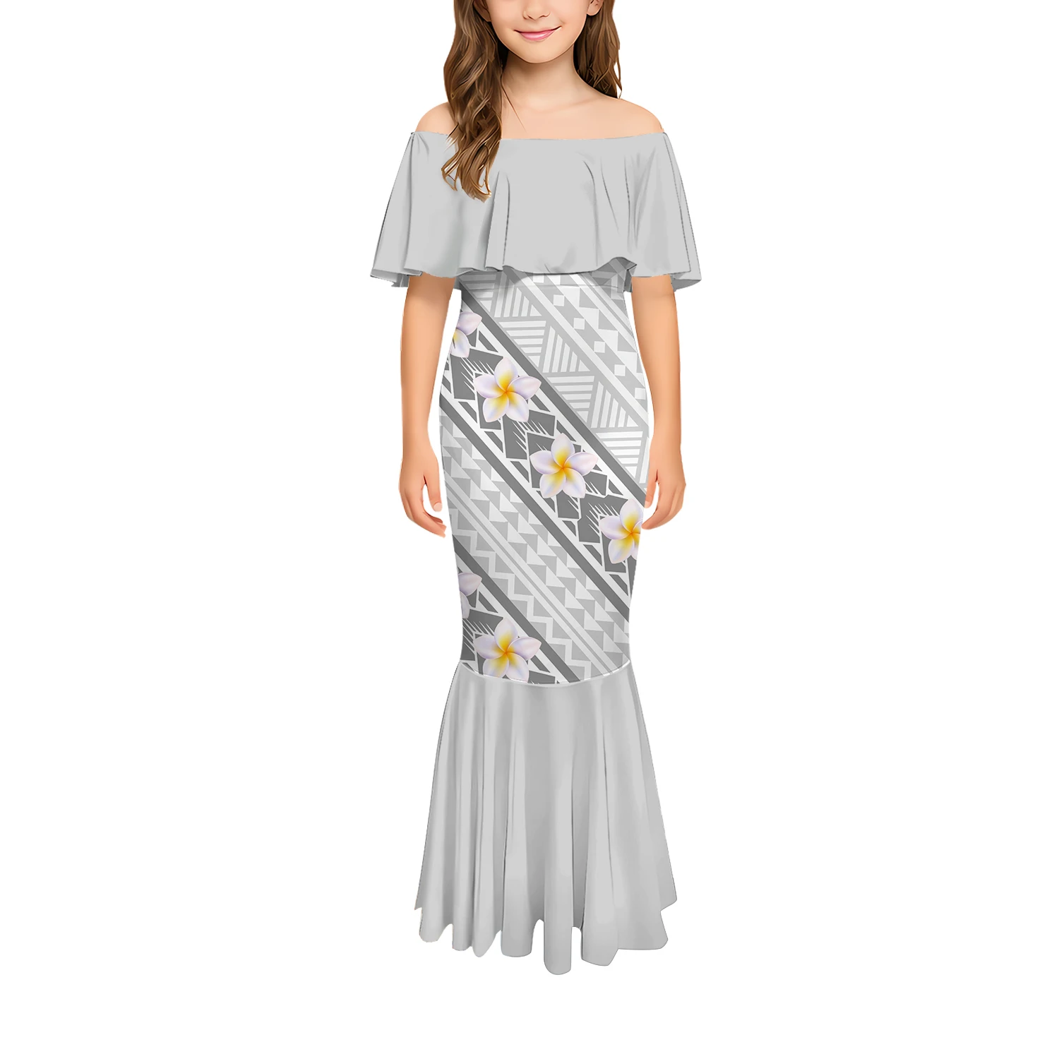 Sukienka na jedno ramię, wyszczuplająca, długa, z trenem typu rybka, modny kwiatowy wzór, elegancka sukienka dziewczęca, polinezyjska odzież szyta na miarę.