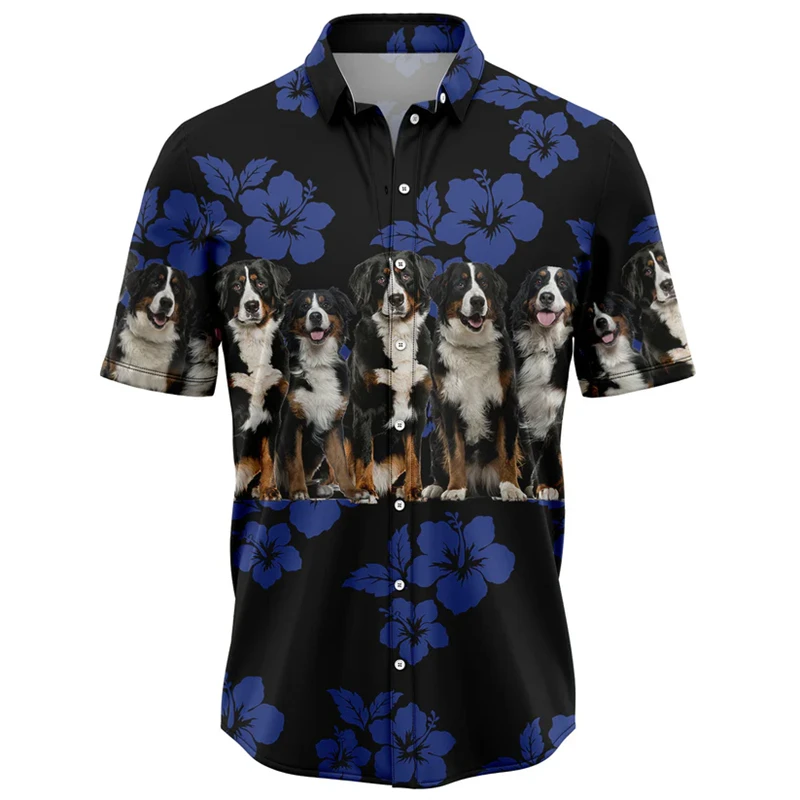 

Bernese Mountain Dog Pattern Hawaiian Shirts Summer Fashion Dog Lover 3D Printed Blouses Casual Oversized Lapel Button Shirt