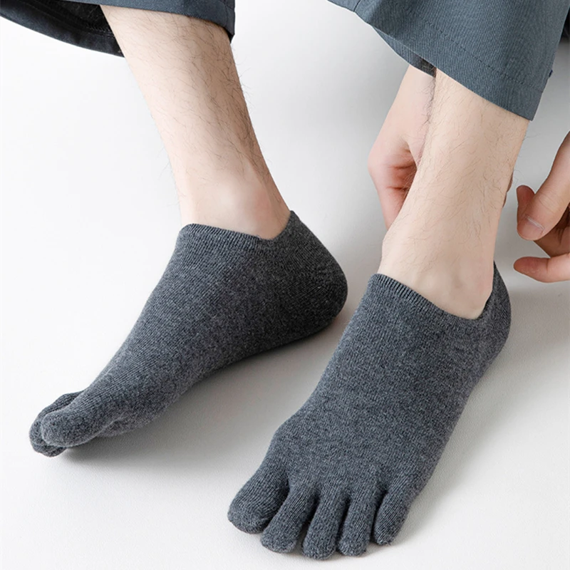 5 Pairs/lot Summer Men's Split Toe Boat Socks Black Gray Solid 100% Cotton Breathable Five Finger Socks Casual Sports socks