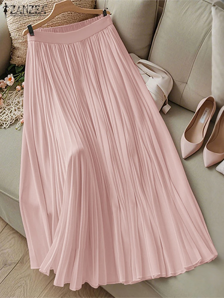 ZANZEA Autumn Solid Midi Skirt Elegant Women High Waist OL Work Skirts Stylish Party Faldas Saia Casual A-line Pleated Jupe 2025