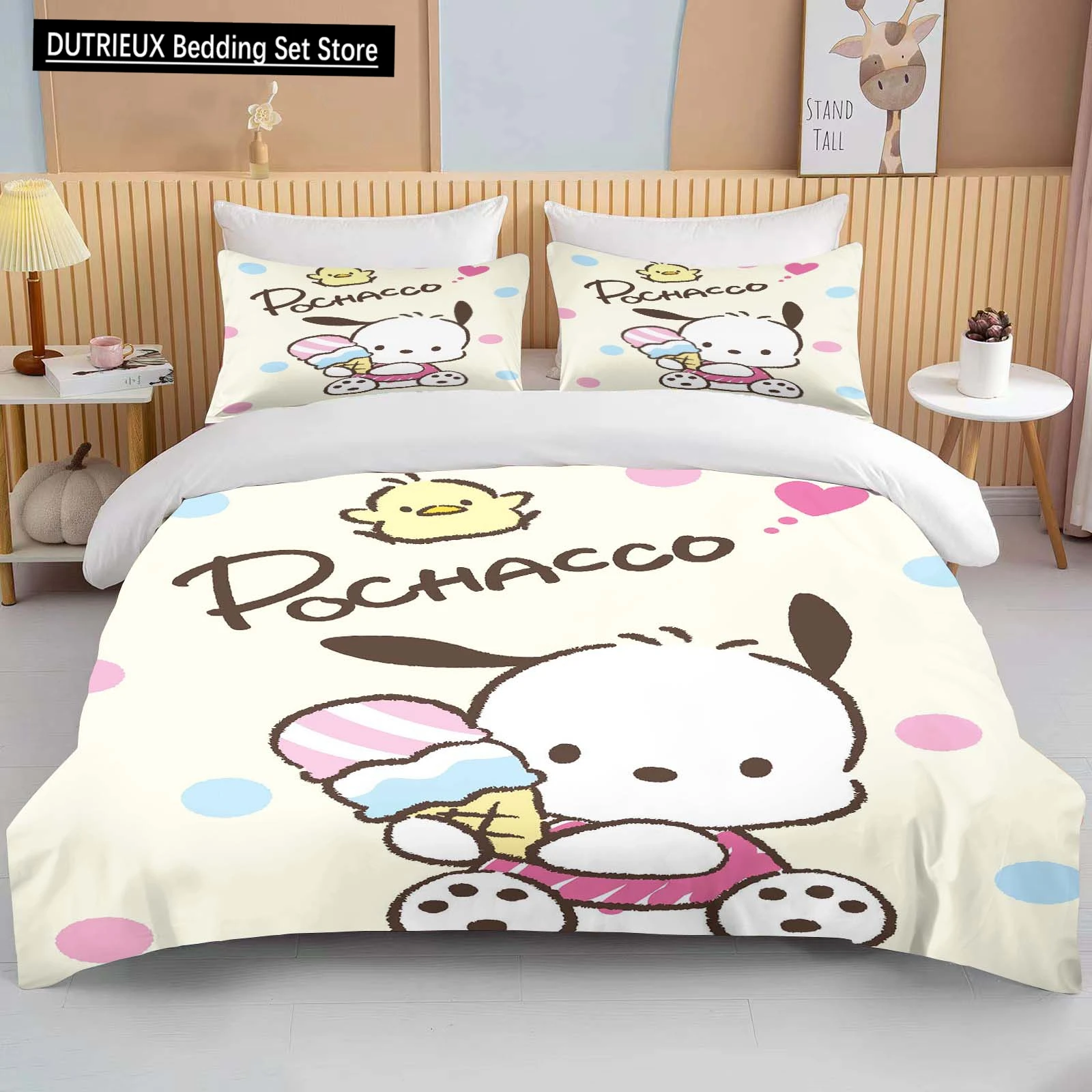 

Kawaii Sanrio Pochacco Printed Bedding Set Cartoon Anime Duvet Cover Comforter Pillowcase Boys Girls Children Adults King Gift