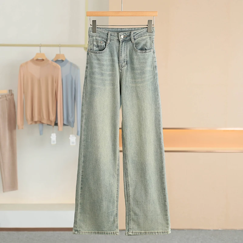 

High Waist Wide Leg Jeans Slimming Effect Lengthening Legs Appearances Cotton Casual Style Zipper Closure Autumn Ladies Jeans