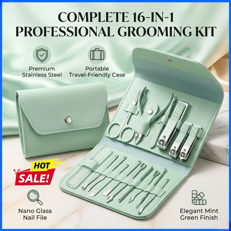 16pcs Professional Stainless Steel Manicure Pedicure Set, Includes Nail Clippers, Scissors, Heavy-Duty Foldable Travel Kit