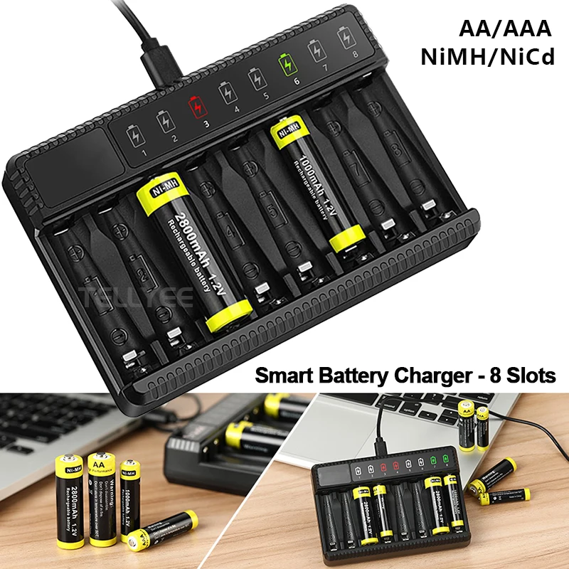 Charger 8-slot AA AAA battery charger, USB high-speed charging, independent card slot, smart charging