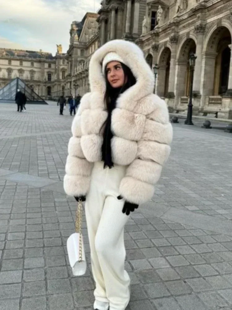 Moda sıcak Faux kürk kalınlaşmak Coat kadınlar için Vintage uzun kollu kapşonlu kısa kadın ceketler sonbahar kış Chci Lady Streetwear