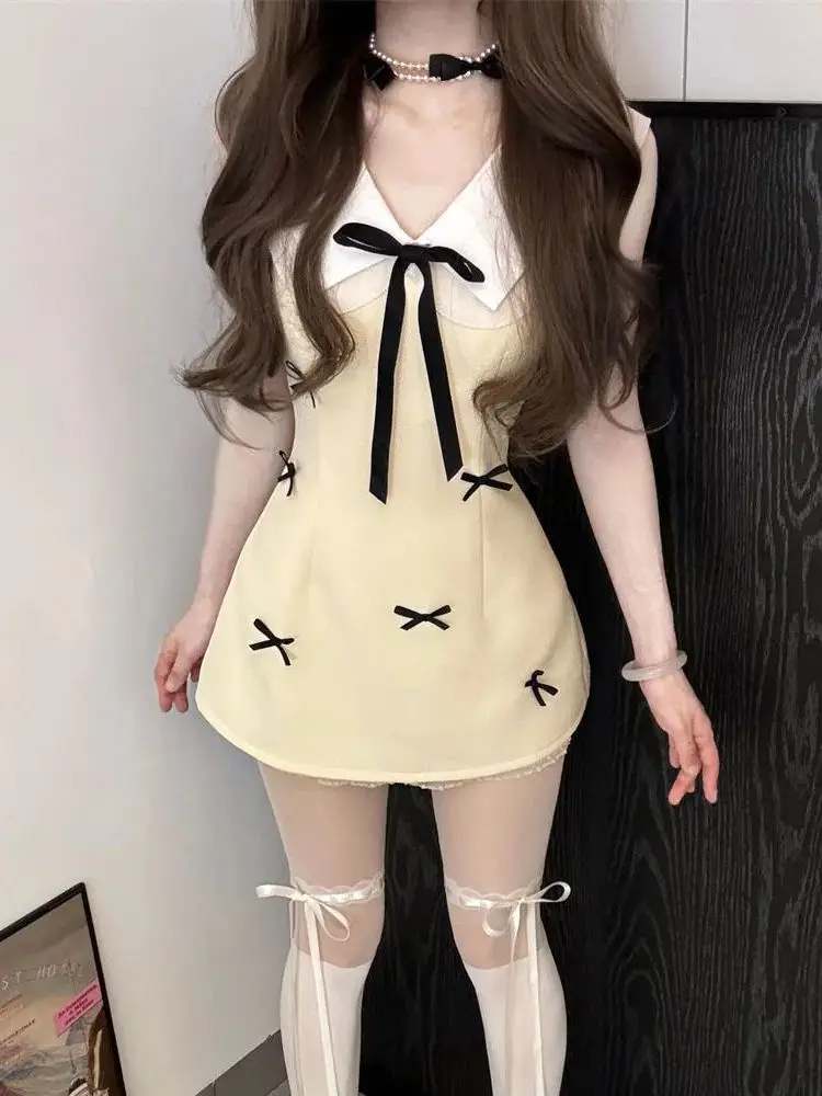 

Sweet Bow Doll Collar One Piece Dress Women Spring Summer Elegant Party Short Dresses Korea Chic Designer Yellow Vest Dress 2025