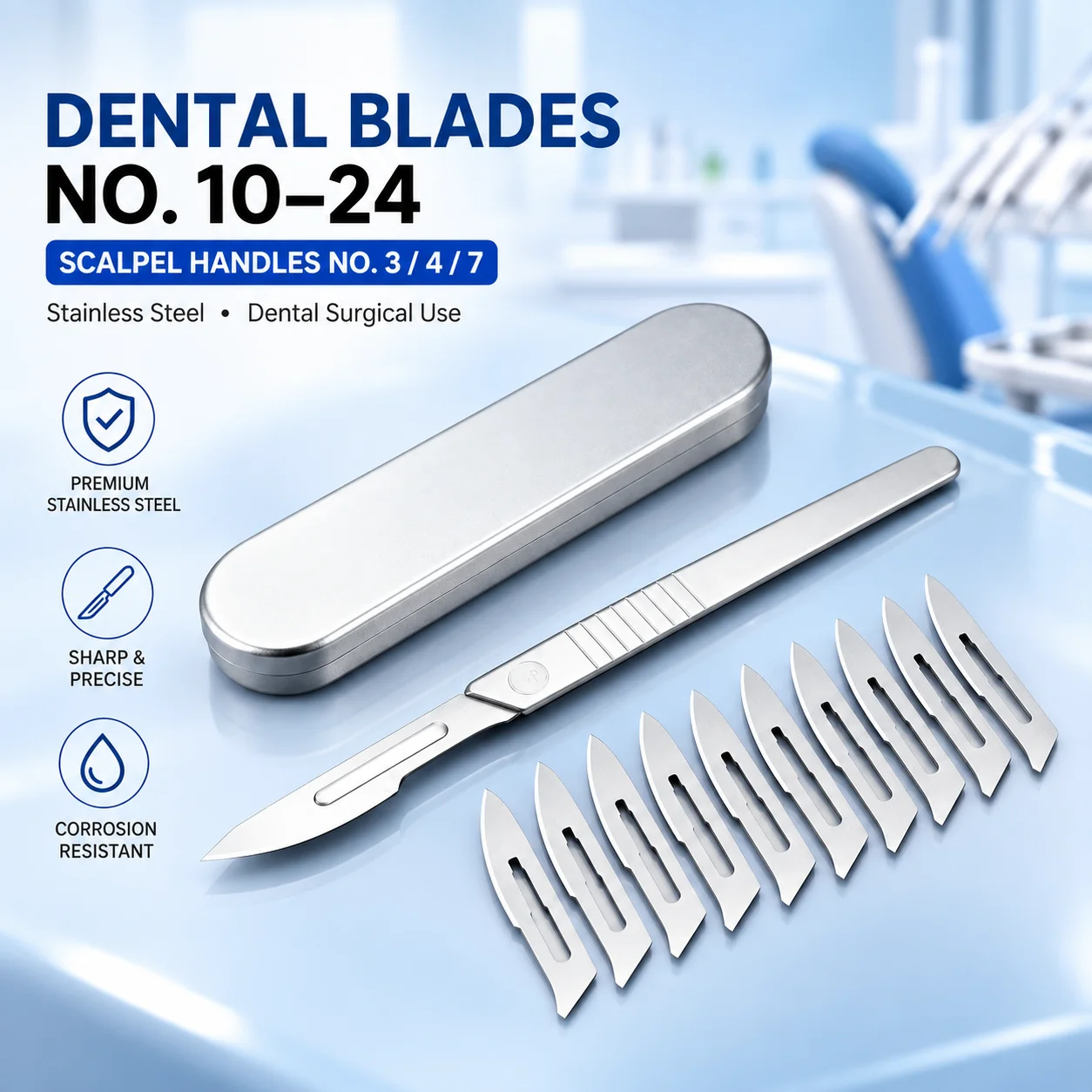 Scalpel Blades No.10-24 Handle No.3/4/7 Stainless Steel Dental Kit Metal Case Oral Surgery Clinic Lab Reusable Dentists Kit