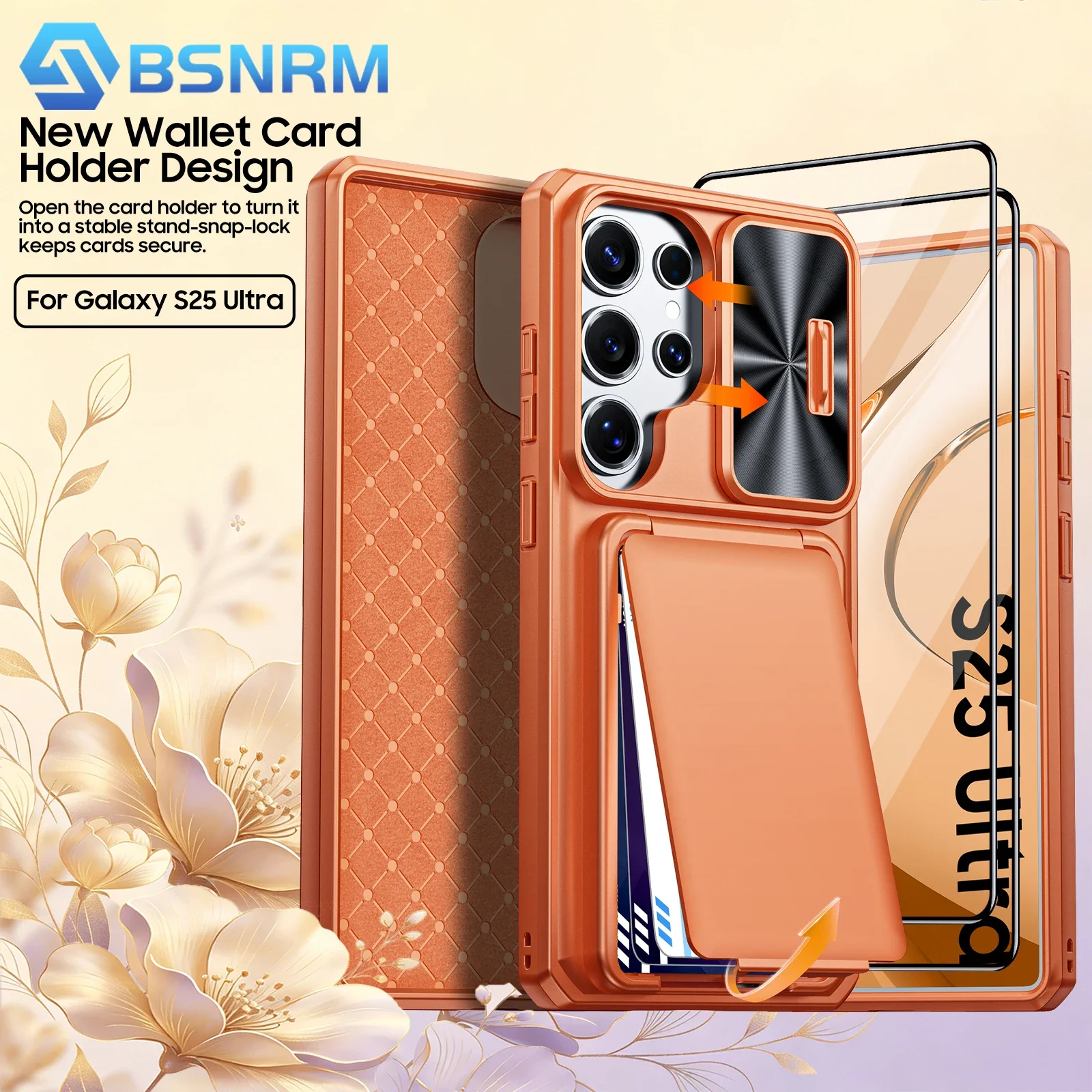 

for Samsung Galaxy S25 Ultra Phone Case with Card Holder(RFID Shielding)Camera Lens Cover,Kickstand,Rugged Duty Case-Orange