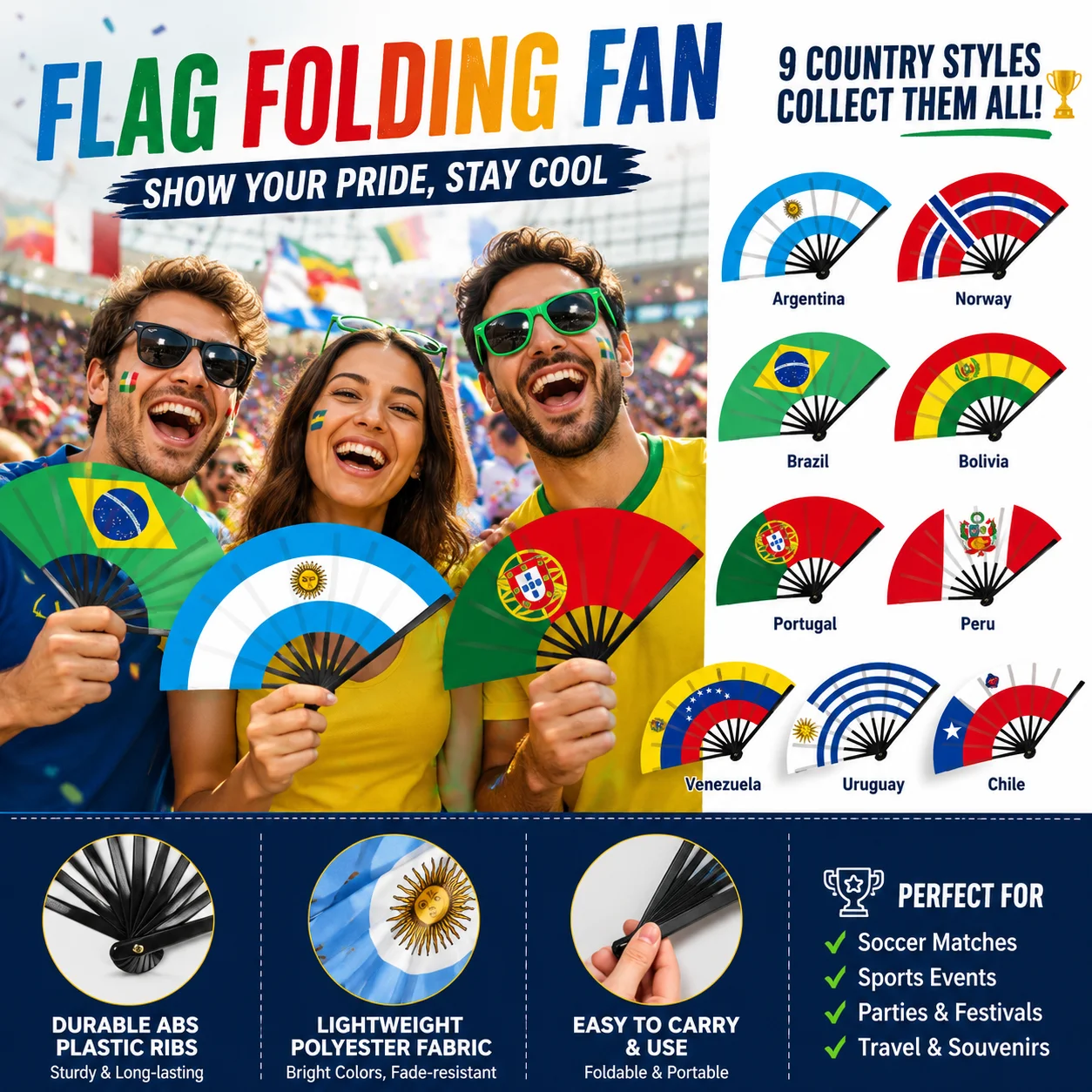 Folding Hand Fan National Flag For World Cup Sports Party Summer Cooling Dance Prop Gift Argentina Brazil Portugal Collection