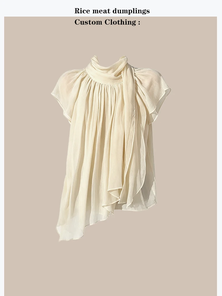 

Beautiful Bow Design Chiffon Top Short Sleeve French Style Loose Fit Summer Fashion Women's Lace Shirt Moonlight Concerto