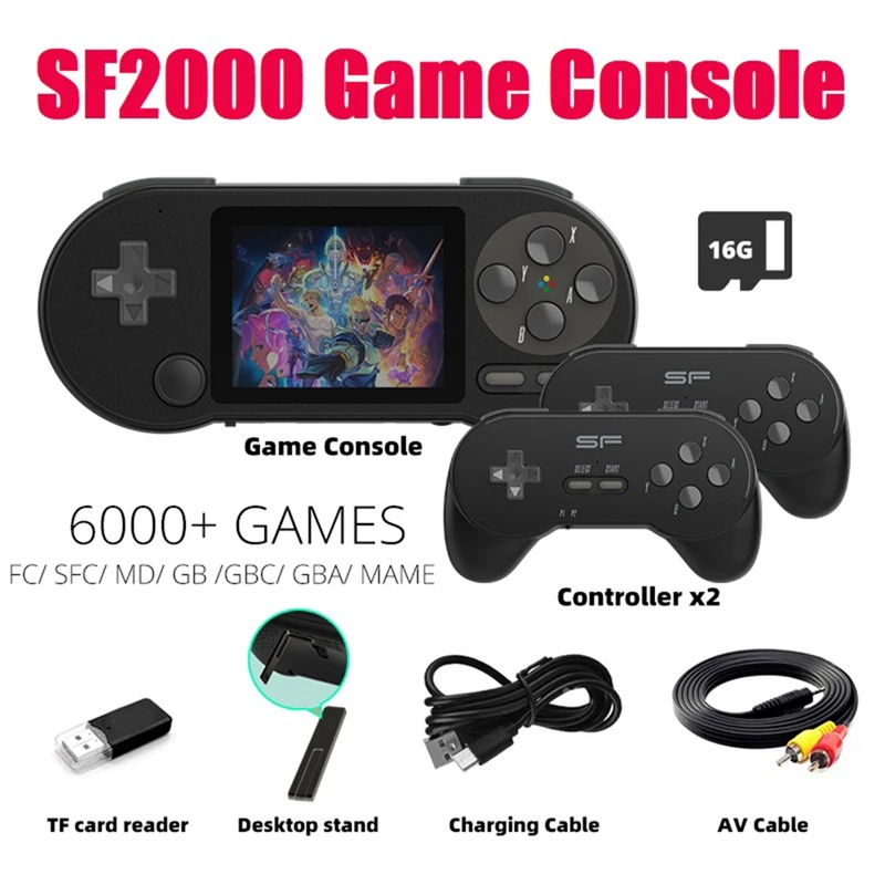 SF2000 Handheld Game Console+2PCS Handle Built-In 6000 Games Classic 3 Inch Video Game Console Support AV Output