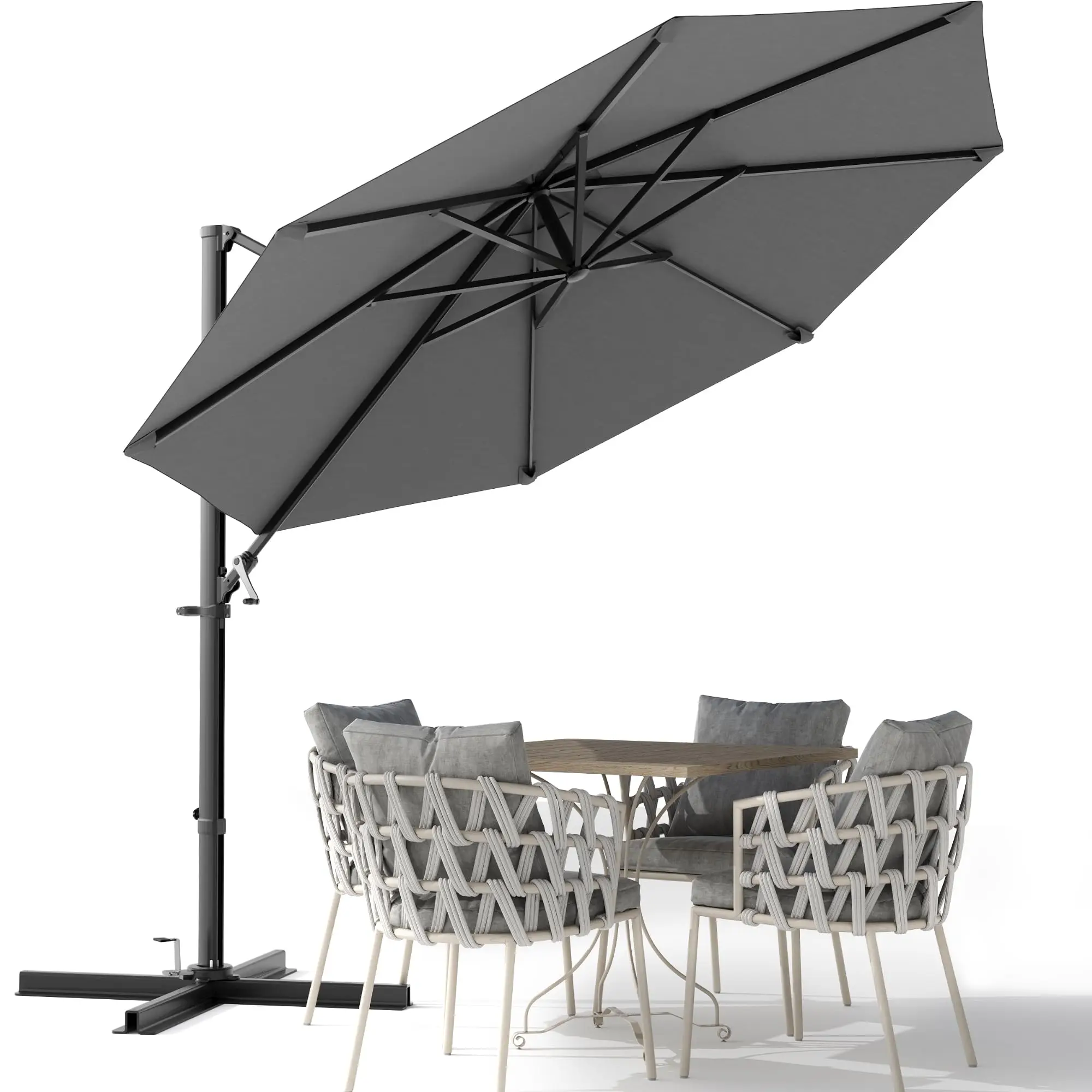 10ft Cantilever Patio Umbrella, Round Large Outdoor Umbrella with 360-Dee Rotation, Hanging Offset Market Sun Umbrella