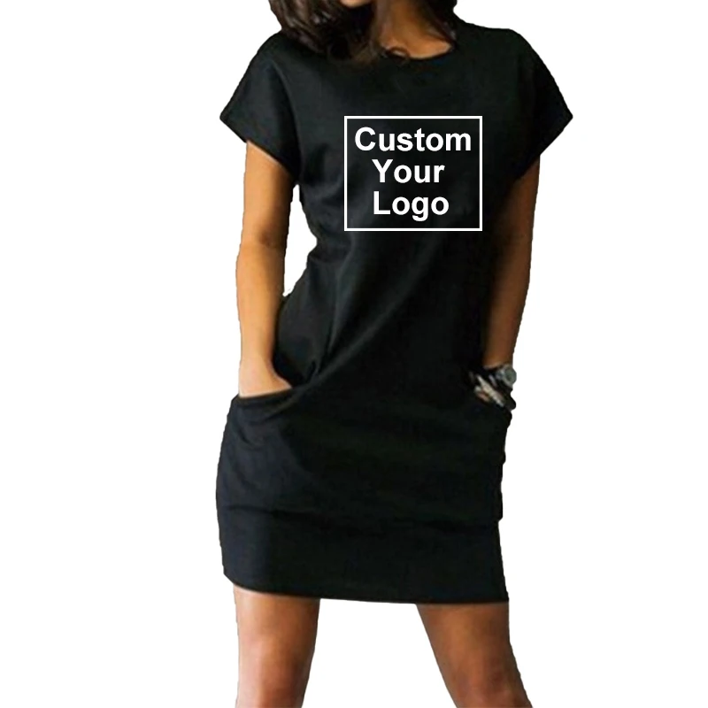 Customized logo women\'s summer casual short sleeved T-shirt dress, solid color loose fit cotton linen slim fit beach party dress