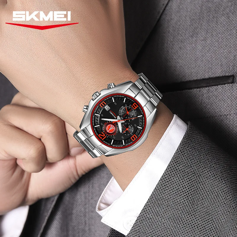 

SKMEI Men's Steel Band Quartz Watch, Three Sub-Dials, Six Hands, Multifunction Watch, Single Calendar, Waterproof Wristwatch