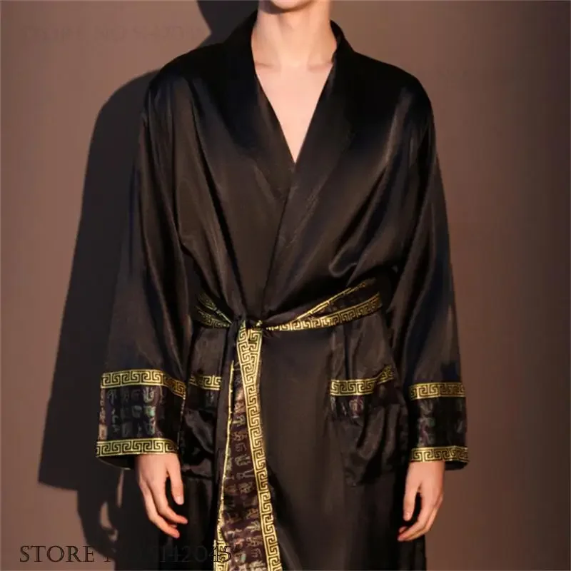 Spring Summer Men's Robe Loungewear Patchwork Printed Long Sleeve Bathrobe Kimono Gown Loose Casual Satin Sleepwear Homewear