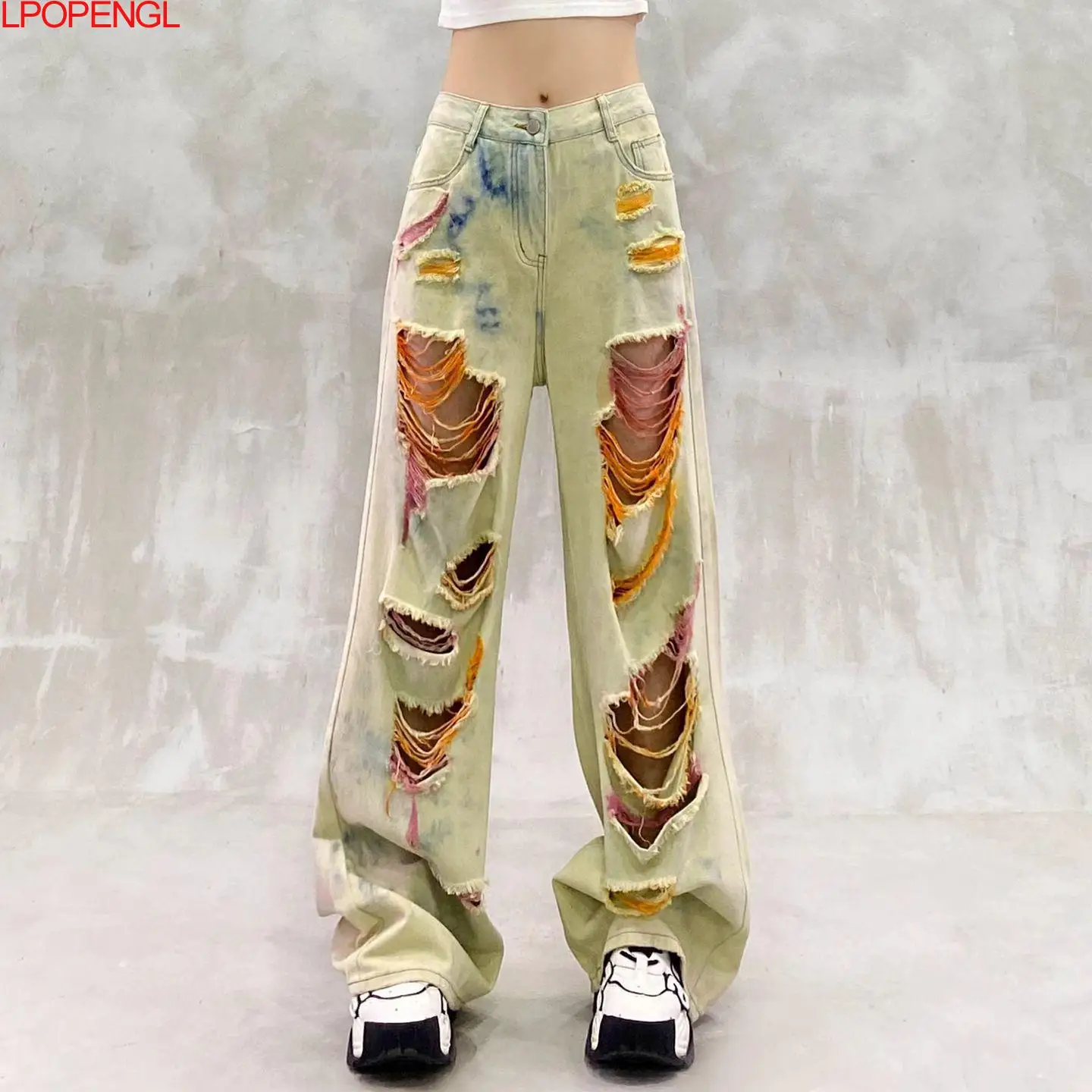 American Style Trendy Ripped Tie Dye Jeans 2026 Women's Summer Personalized Multi-color New Straight Streetwear Wide Leg Pants