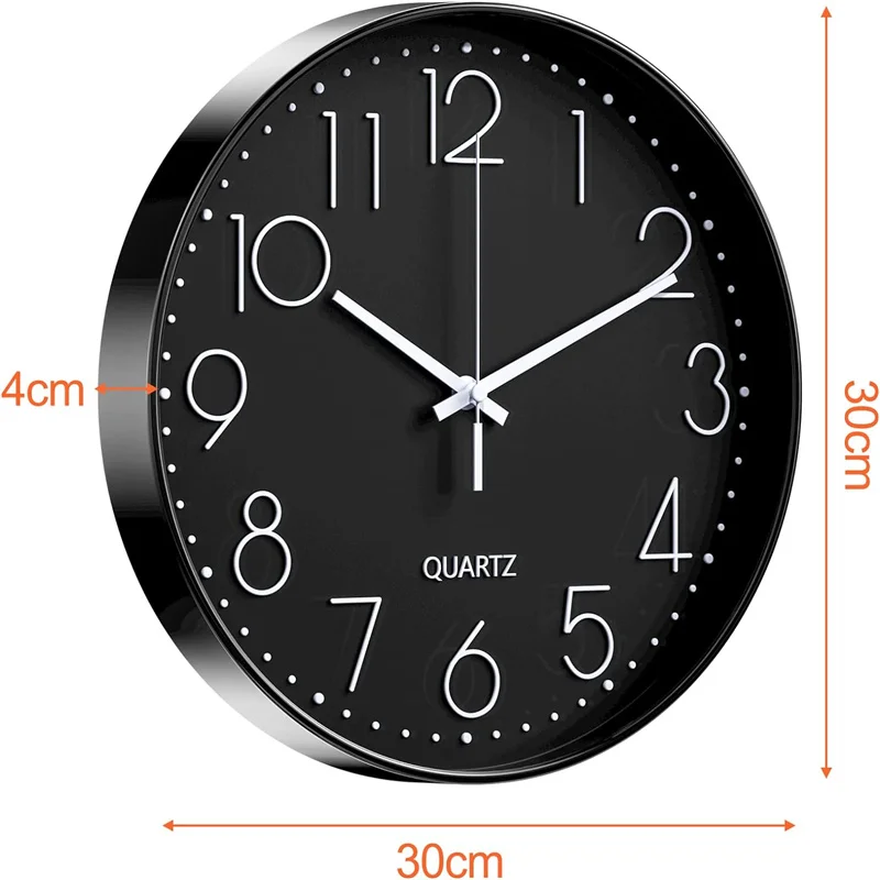 Wall Clock, 12 Inch Modern Wall Clock, Silent Quartz Movement Modern Minimalist Design, Black, for Living Room, Kitchen, Office