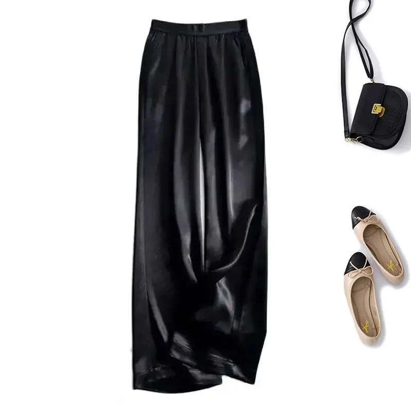 Black Solid Casual Chic Elastic High Waist Loose Wide Leg Women\'s Pants Ankle-Length Pants For Women Clothing Fashion 2024