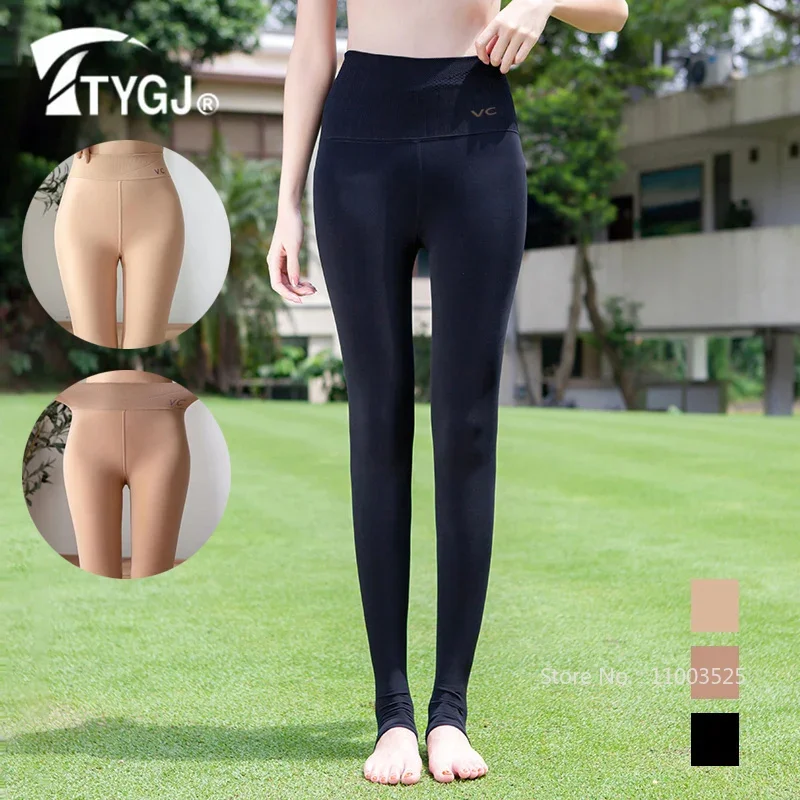 

TTYGJ Women Warm Fleece Golf Leggings Ladies High Elastic Coldproof Panty-Hose Winter High-waist Slim Long Stocking Golf Pants