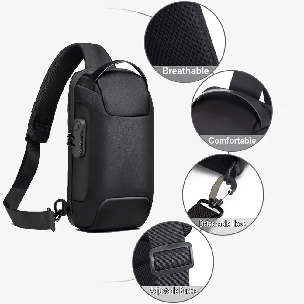 Sac de poitrine à bandoulière pour hommes, sacs à bandoulière décontractés, chargement USB, sport lancé, antivol, voyage, messager, sac à bandoulière, grande capacité