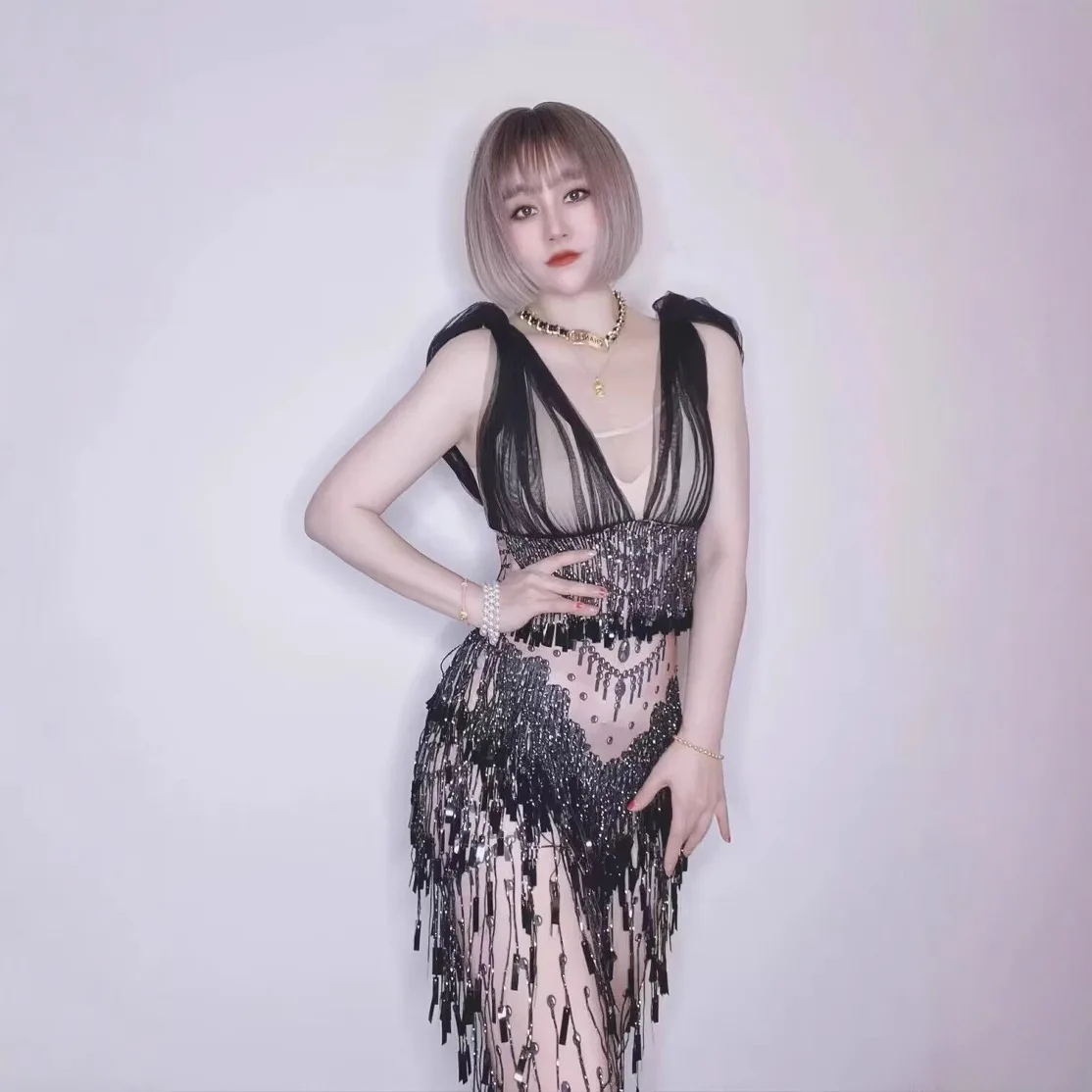 

Singer Stage Black Jumpsuit Women Sexy Mesh Tassel Sequin Bodysuit Dancer Stretch Skinny Nude Rompers