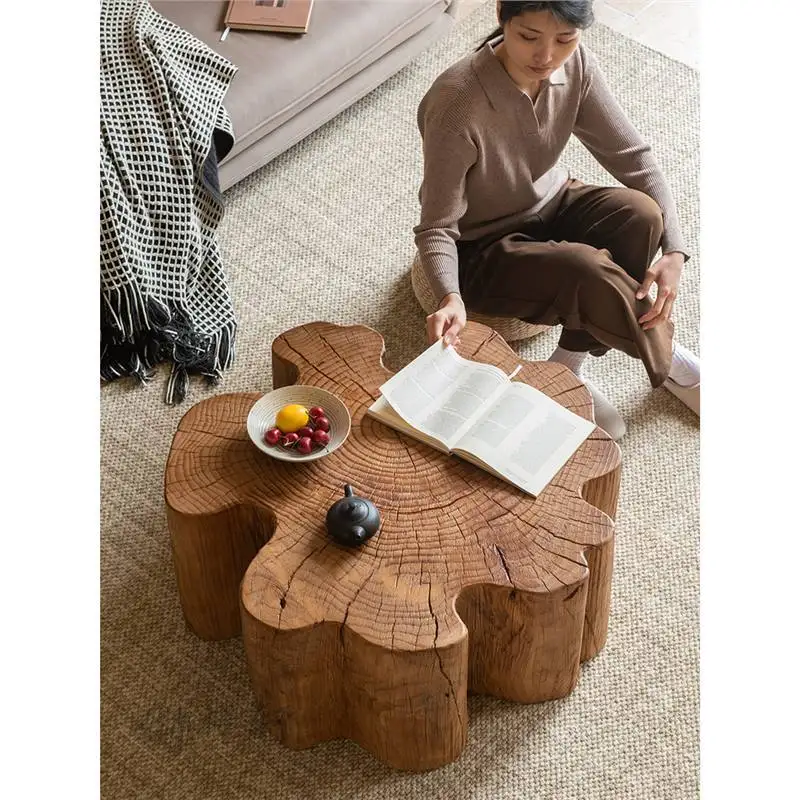 !@Modern Retro Petal-Shaped Solid Wood Resin Coffee Tea Table Creative Homestay Wood Sump Wooden Dun for Living Room Furniture