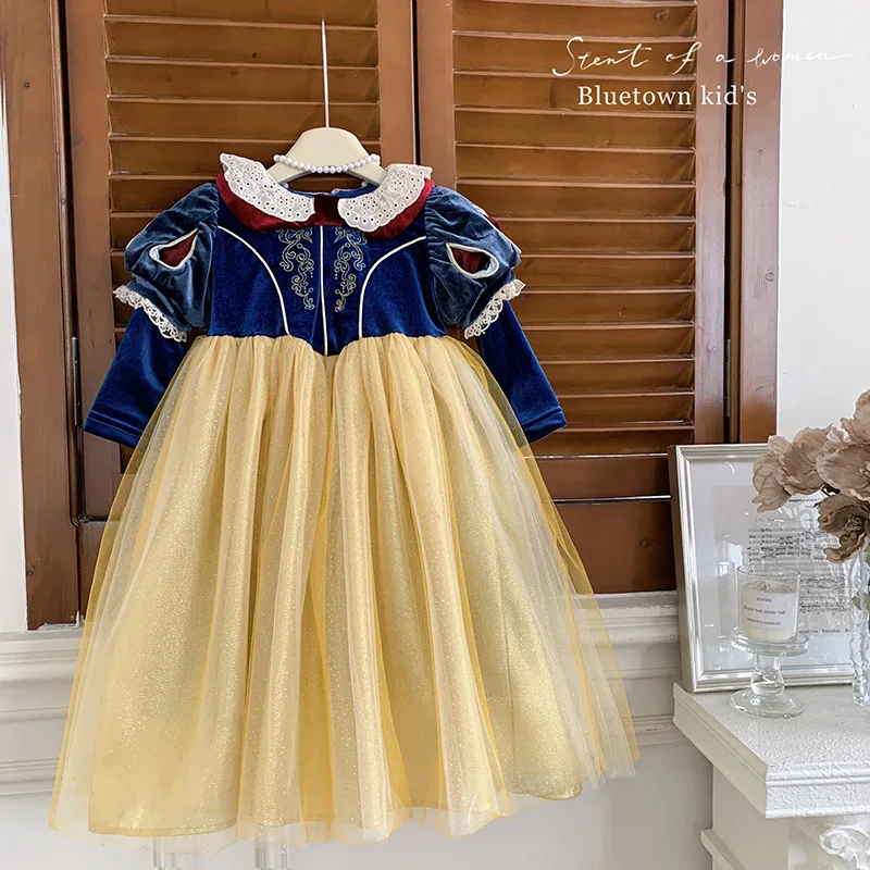 Navy Blue Princess Dress for Baby Girl Christmas Fancy Birthday Party Prom Dress One-piece Velvet Vestidos Mesh Patchwork Dress