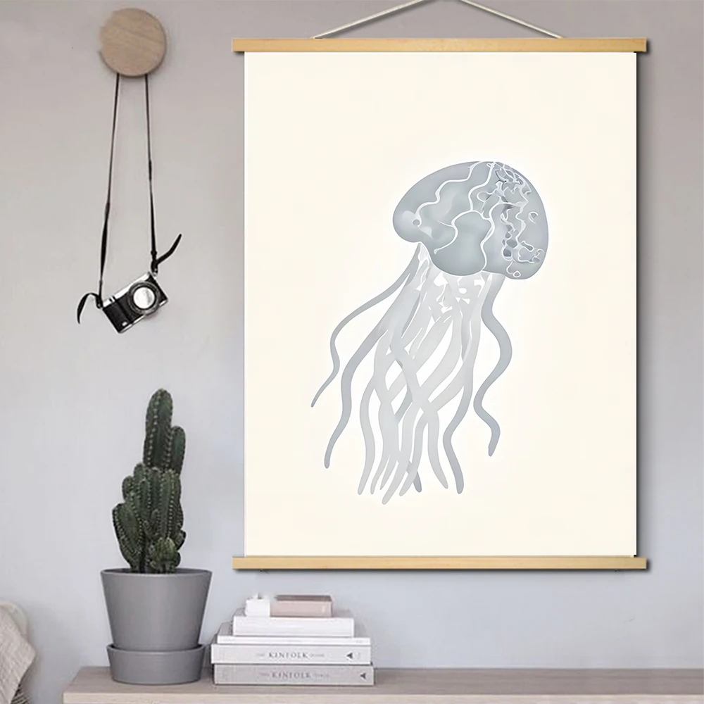 Ocean Wonders Wall Art Canvas Solid Wood Hanging Prints of Whale,Shark, Jellyfish & Stingray for Nautical Themed Room Decoration