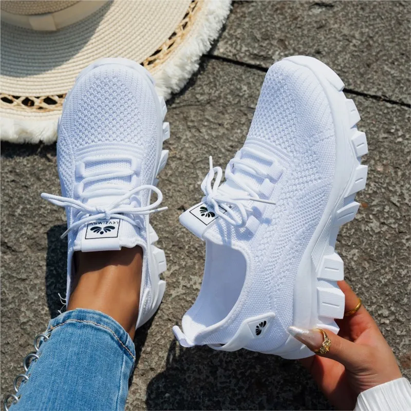 Women's Breathable Knit Sneakers Lightweight Walking Shoes With Fabric Sole Low-top Lace-up Design Sport Shoes 37-43