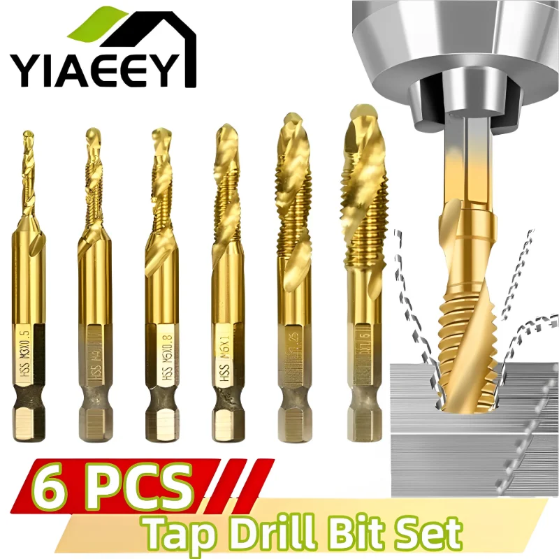 1/6Pcs Tap Drill Bit Set Hex Shank Titanium Plated HSS Screw Thread Bit Screw Machine Compound Tap M3 M4 M5 M6 M8 M10 Hand Tools